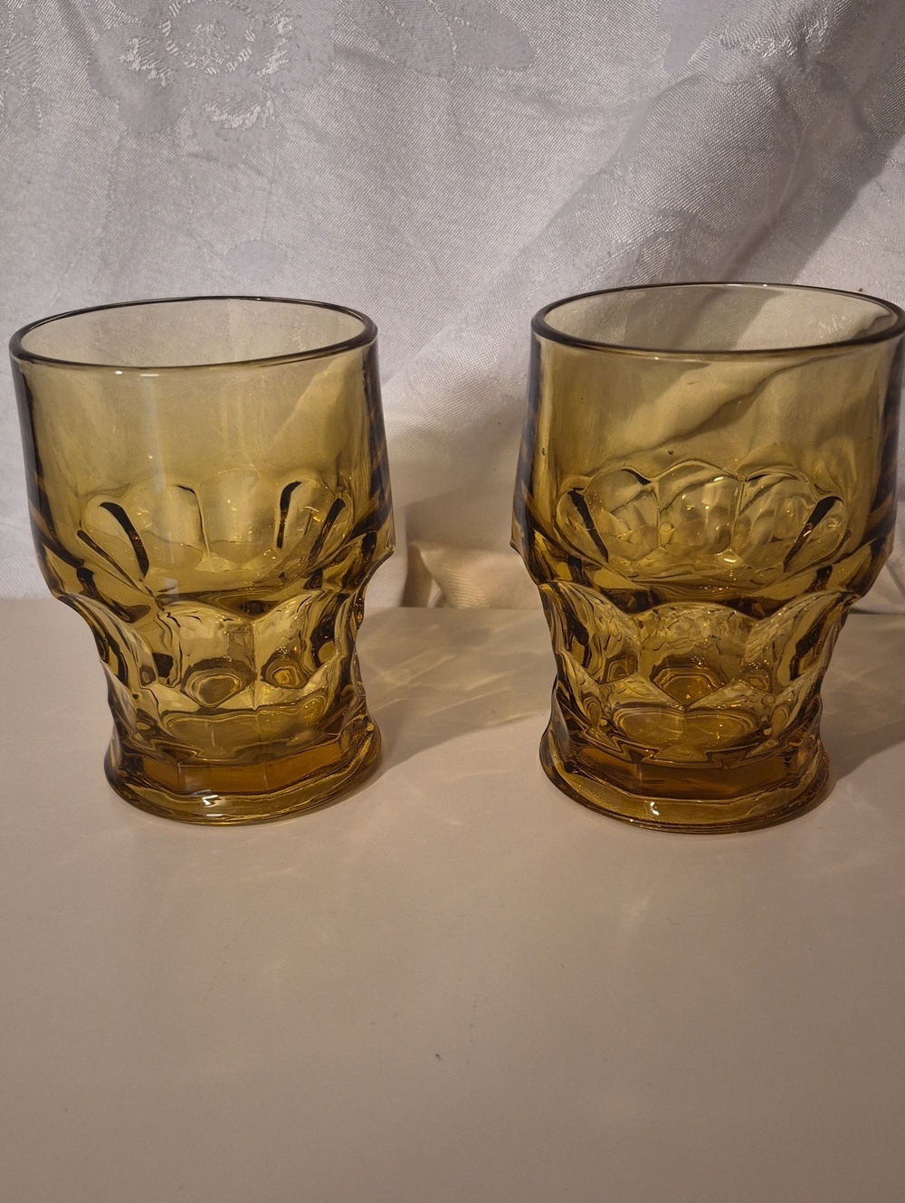 Anchor Hocking Georgian Amber Honeycomb Pressed Glass 10 Oz Tumbler Pair 1970s